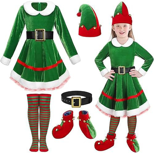Weihnachtself Kostüm Mädchen Elfen Weihnachtskostüm Wichtel Kostüm Kinder mit Elfhut Elfenschuhe Strümpfe Gürtel Weihnachten Elfen Kinderkostüm Verkleidung für Party, Karneval & Halloween