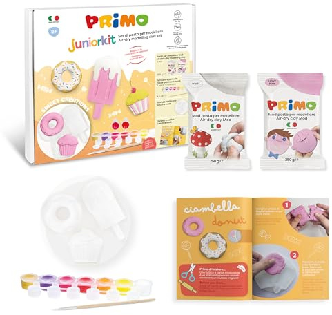 PRIMO Junior Kit - Pasta Modellabile Autoindurente Testata, Set 2 Panetti Simil Argilla da Modellare, Tempere 7 Colori per Bambini, 1 Pennello Pittura, 1 Formina e Libretto - Giochi Lavoretti Creativi