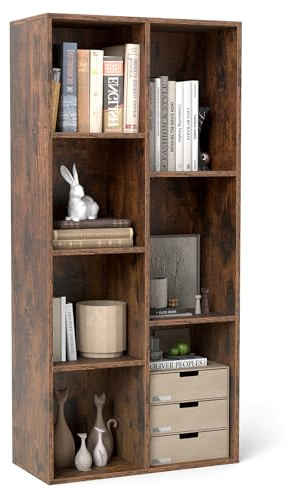 COSTWAY 7/11-Cube Bookcase, Wooden Book Storage Organizer Display Cabinet with Anti-tipping Kits, Freestanding Modern Geometric Bookshelf for Study Bedroom Living Room (7, Brown, 49 x 23 x 106 cm)