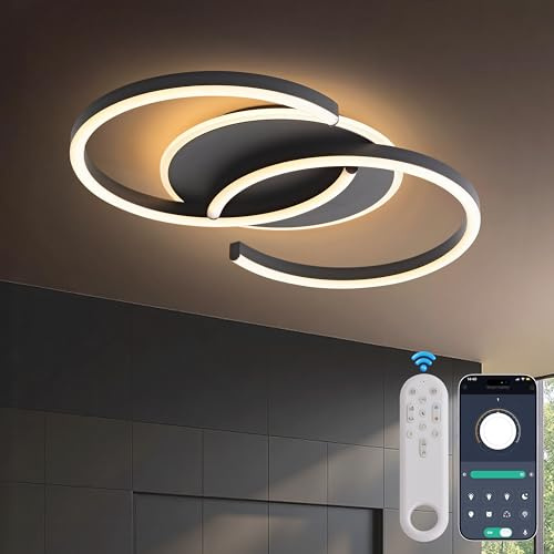LED Deckenleuchte Dimmbar schwarz „S“ 2-Ringe, 50cm 32W Farbtemperatur 3000-6000K, Helligkeit 3-32W, Mit Fernbedienung/Mobile APP, Für Schlafzimmer, Wohnzimmer, Mit Memory-Funktion, 3W Nachtlicht