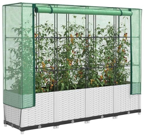 Mokuyary Aiuola rialzata con inserto per serra, effetto rattan, 160 x 40 x 138 cm, resistente alle intemperie, struttura stabile, in cui le piante possono arrampicarsi e crescere