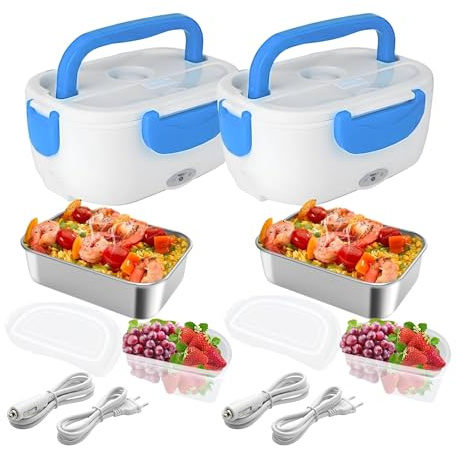 YASTA 2 Pezzi Scaldavivande Elettrico Portatile Acciaio Auto, Camion e Casa – Scaldacibo con Presa Accendisigari 12V/24V e 220V – Lunch Box 2 in 1 con Contenitore Estraibile, Vaschetta e Cucchiaio 01