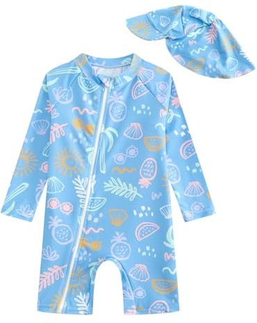 JiAmy Traje de baño para bebés niños con sombrero de sol, manga larga, cremallera, protector contra erupciones, protección solar, para la playa, bebé, niño pequeño, traje de baño de una pieza, azul