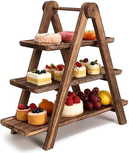 Etagere 3 Etagen Holz, Holzetagere mit Serviertellern aus 3 Etagen Buffet Ständer Klappbares Servierständer Cupcake Tortenständer Holz Tablett Serviertablett für Dessert Kuchen Käse Wurst Kekse (B)