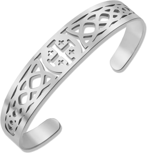 HUGGWRT Bracelet gourmette Croix Celtique Jérusalem Acier Inoxydable Bangle Ouvert Bijou Religieux médiéval baptême Homme Femme, Argent