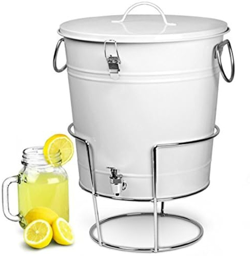 White Enamel Drinks Dispenser with Stand & Tap, 17.5L Retro Metal Beverage Dispenser for Parties, BBQs & Events, Large Cold Drinks Bucket with Lid for Juice, Punch & Cocktails