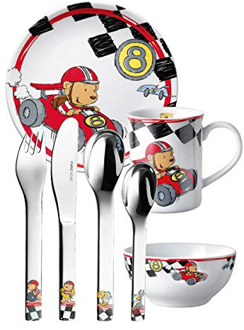 Puresigns Kindergeschirr Set 7-teilig QUICK, Keramik Geschirr & Edelstahl Besteck für kleine Helden - kindgerecht & spülmaschinenfest Fantasievolles Besteck | Geschirr + Besteck, BPA-frei & spülmaschinenfest