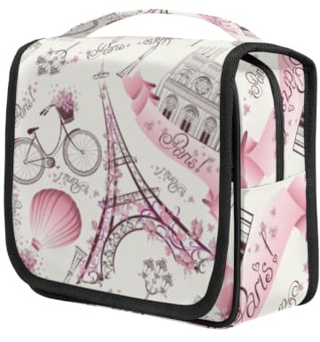 AUUXVA Hanging Toiletry Bag for Women, Paris Eiffel Tower Makeup Bag, Floral Flower Cosmetic Bag, Travel Essentials for Women Men