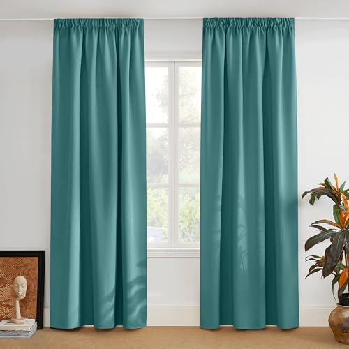 PONY DANCE Vorhang Blickdicht Kräuselband Wohnzimmer Gardinen 2er Set | H 245 x B 140 cm, Tealblau, für Schienensystem, Thermovorhang gegen Hitze, Verdunklungsvorhänge, Blackout Curtains