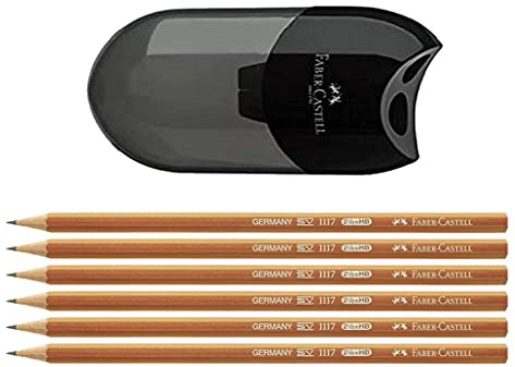 Faber-Castell 183500 Doppelspitzdose, Gehäusefarbe: schwarz/transparent + 6 Bleistifte 111700
