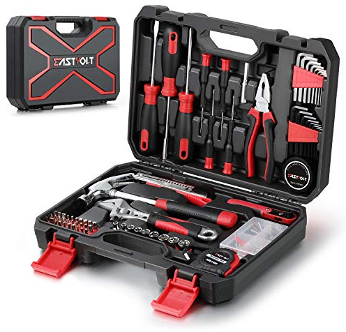 Eastvolt 128-Piece Home Repair Tool Set, Tool Sets for Homeowners, General Household Hand Tool Set with Storage Toolbox, EVHT12801, Black + Red (ASK01)