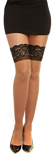 Dreamgirl Women's Cuban Heel Sheer Stay-Up Thigh High Stockings with Contrast Seam Detail