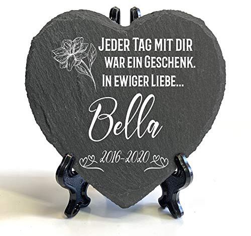 TULLUN Individueller Personalisiert Herzform Tiergrabstein Schiefer Gedenkstein + Ständer für Hund, Katze und andere Haustiere Tiere - Größe | 10 x 10 cm | - Blumen