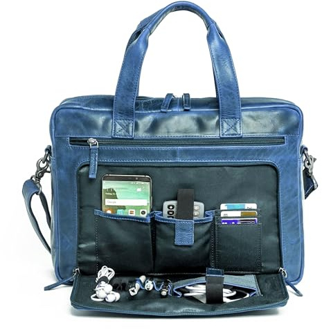 ALMADIH Leder Businesstasche BRUNO 15 Zoll blau Vintage - Echt Leder Laptoptasche Aktentasche Umhängetasche Unitasche Herren Messenger Arbeitstasche Schultertasche (BRUNO blau)