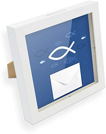 itenga Geldgeschenk Spardose Fisch in blau weiß passend für Kommunion Konfirmation Taufe I Gutschein I Bilderrahmen zum Befüllen I Geschenkverpackung I inkl. Einleger und Briefumschlag zum Dekorieren