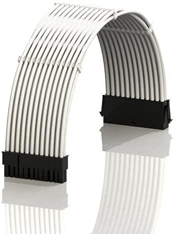 LINKUP - AVA 50cm ATX 24 Pin (20+4) Motherboard PSU Braided Sleeved Power Supply Extension Cable w/Combs | Strong & Stiff Design | Single Pack | 500mm - White
