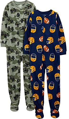 Simple Joys by Carter's Boys' Holiday Loose-Fit Flame Resistant Fleece Footed Pajamas Set, Green Monster Trucks/Navy Football, 8 Years (Pack of 2)