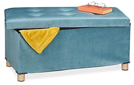 Relaxdays Pouf con Contenitore Vassoio, HxLxP: 34x76x38 cm, Sgabello Portaoggetti Salvaspazio, Panca, Velluto, Turchese, Fibra di Legno, 1 pz