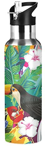 Mnsruu Toucan Oiseau Feuille De Palmier Jungle Animal Isotherme Bouteille d'eau avec Paille, Gourde Sport en Acier Inoxydable 600ML Gourdes sans BPA pour Enfant Garçon Fille École Bureau