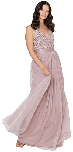 Maya Deluxe Maxi Abendkleid Damen Elegant für Hochzeit mit V-Ausschnitt Tüllkleid Damen mit Schleife Brautjungfernkleid
