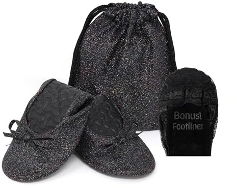 Silky Toes Sparkly Foldable Flats for Women Purse with Glitter Ballet Slippers Wedding Travel Flat Shoe, Black Sparkly, X-Large