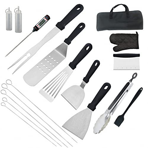 AJEYPMZ Set di Attrezzi per Barbecue in Acciaio Inossidabile da 17 Pezzi, Kit di Utensili Teppanyaki da Campeggio per Picnic con griglia all'aperto,Black,17pcs