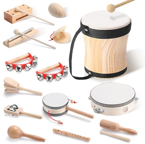 Chumia Toddler Musical Instruments Set 13 Pcs Montessori Wooden Percussion Instruments with Drum Preschool Educational Baby Early Learning Music Toys Set for Little Boys Girls Kids Children Gifts