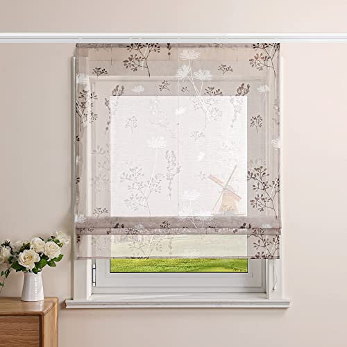 CORLIF Raffrollo mit Klettband Wohnzimmer Raffgardine Landhausstil Fensterschal Küchenvorhang Transparent Druckdesign BxH 100x140 cm Sand Chrysantheme Druck