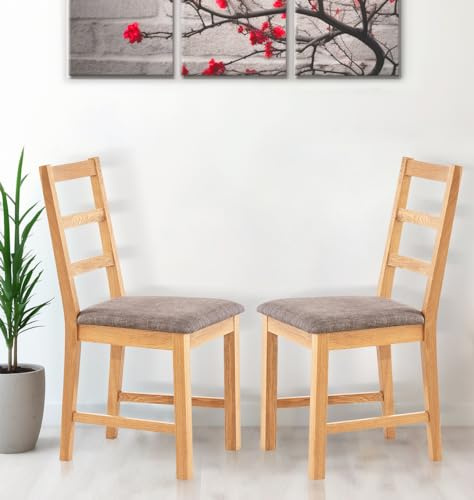 Hallowood Furniture Oak Dining Chairs Set of 2, Grey Linen Fabric Seat Pad | Modern and Stylish Ladder Back Solid Wooden Oak Small Kitchen Dining Room Chairs with Padded Seats for Home, Restaurant, Café