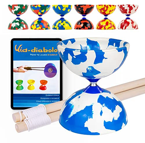 Juggle Dream Jester Diabolo Jonglierset – Fester Achse Profi-Diabolo mit Hölzernen Handstäben, Online-Lernvideo – Jonglierspielzeug (Blau/Weiß)