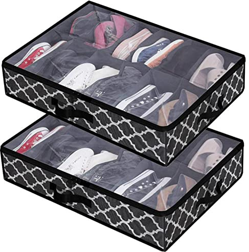 Pack of 2 Underbed Chest of Drawers for Shoes - Underbed Storage Box | Shoe Organiser with Transparent Lid | Shoe Storage with 12 Compartments | Shoe Storage Systems (C)