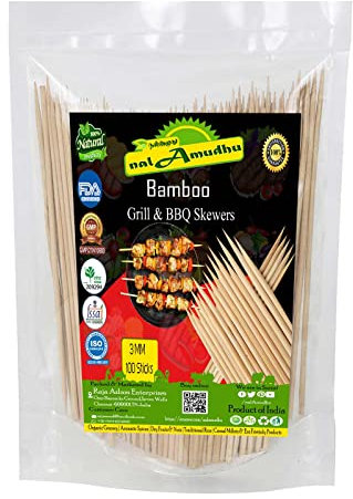 nalAmudhu Bambusspieße Sticks | Grillstab für Mikrowelle und Pfanne | Grillspieß Kabab Stick | Barbeque Grill Holzstab | Barbeque Bamboo Sticks 100 Stück (30,5 cm)