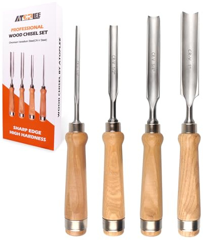 ATOPLEE Holzmeißel-Set für Holzbearbeitung, 4-tlg. Professionelles Holzschnitz-Meißelwerkzeug Zimmermann Meißel CR-V Stahl Halbkreisförmige scharfe Klinge 6 mm (1/4)/12 mm (1/2)/18 mm (3/4)/25 mm