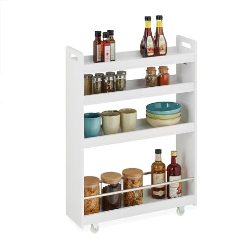 Relaxdays Nischenwagen, 4 Ablagen, schmales Nischenregal Küche & Bad, HBT: 83,5 x 18 x 59,5 cm, Rollwagen MDF, weiß