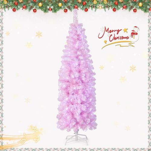 RELAX4LIFE Albero di Natale Slim 180 cm, Albero di Natale Rosa con Luci Incorporate, Effetto Realistico, Facile Montaggio, Decorazioni Natalizie per Casa, Negozio