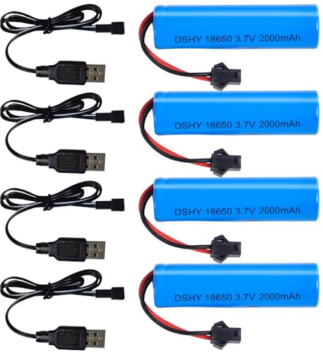 IXYHKB 4 Stück 1800mAh 3 7 Volt RC Akku, 3.7 Volt 18650 Akku Li-ion with SM-2P Stecker, Wiederaufladbare RC Batterie, 3.7V Li-ion Power Ersatz akku für Ferngesteuertes Auto, Boote, Panzer, Autos