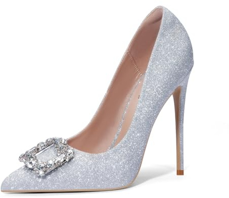 GENSHUO Decolleté con Tacco Alto in Satin con Strass per Matrimonio e Festa - Tacco da 12 cm, Scintillio Argento, 37 EU