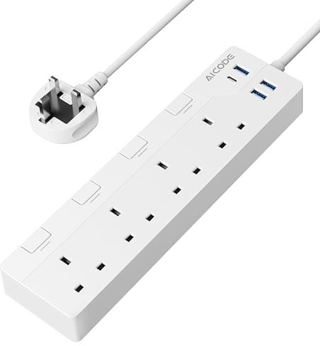 AICODE 4 Gang Extension Lead 3M,4 Way Surge Protected Extension Lead with USB Slots,Individual Switches,1 USB-C and 3 USB-A,Wall Mount Multi Plug Extension Socket,3M Extension Cable for Home,Office