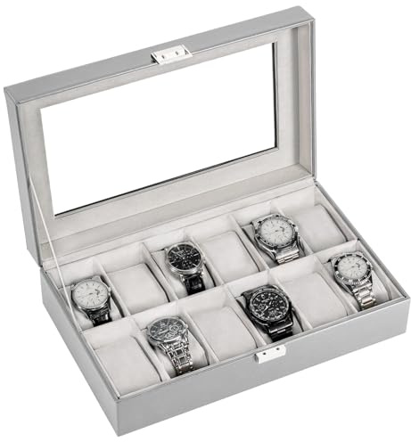 ProCase Watch Box Organizer for Men, 12 Slot Watch Display Case With Glass Lid, PU Leather Watch Storage Mens Watch Case, Watch Holder Organizer for Men Women -12 Slot, Grey