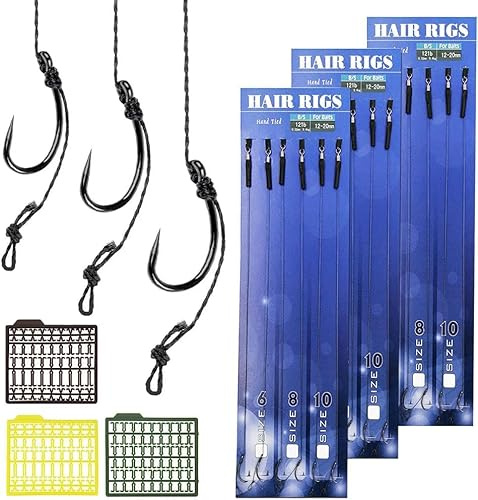 HEKOBAG Lot de 18 hameçons incurvés sans ardillon en acier au carbone avec tresse et bouillettes pivotantes – Comprend 3 bouchons d'appât pour la pêche, taille #6#8#10