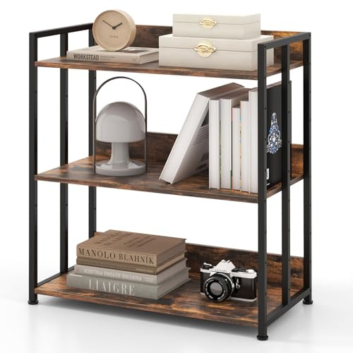 GOPLUS Bücherregal mit 3 Ebenen, Standregal mit Metallrahmen, freistehendes Regal mit verstellbarem Regalboden, Aufbewahrungsregal für Wohnzimmer & Küche, 70 x 35 x 80 cm (Vintage Braun)