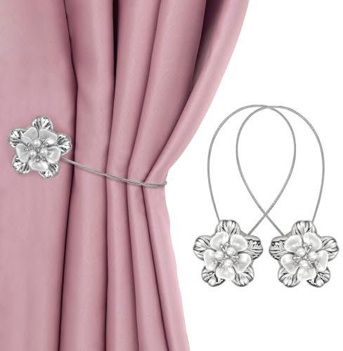 Oemmn Vorhang Raffhalter Magnetisch Goldene Blume 2 Stück Raffhalter für Vorhänge mit Stahldraht für Zuhause Schlafzimmer Büro Shop Dekorativer Vorhang Halter (Silbrig)