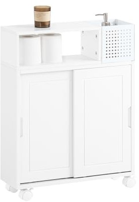 SoBuy Slim Bathroom Storage Unit 17cm Narrow Bathroom Cabinet with Sliding Doors, Metal Box & Wheels Small Bathroom Storage Cabinet for Toilet Storage & Kitchen 52x17x69cm BZR176-W
