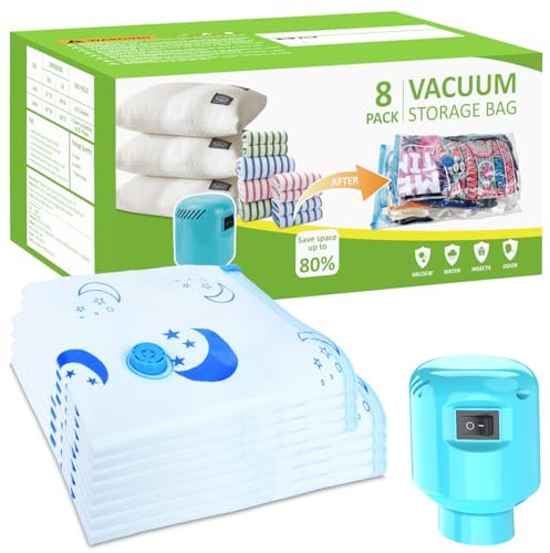 SZO Sacchetti sottovuoto per piumoni con pompa elettrica 8 pezzi (4 jumbo, 4 grandi) Viaggio Sgonfiaggio rapido Salvaspazio per piumoni vestiti cuscini biancheria da letto