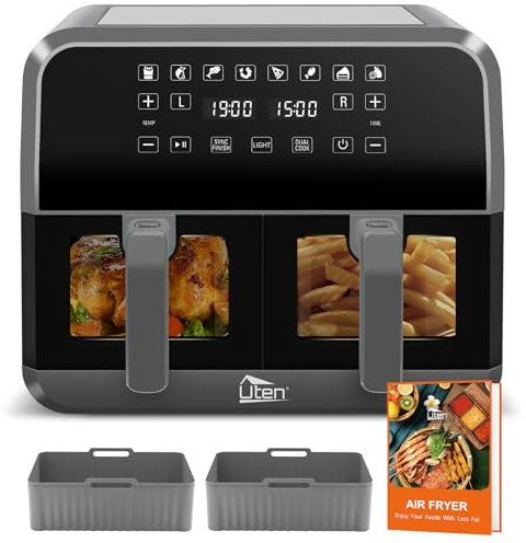 Uten Doppel Heißluftfritteuse, 8L Heißluftfritteuse Dual Zone Sichtbar, XXL Airfryer mit 2 Kammern, Silikonpads, 114 Rezepte, Digitalanzeige mit SYNC FINISH, Spülmaschinenfest