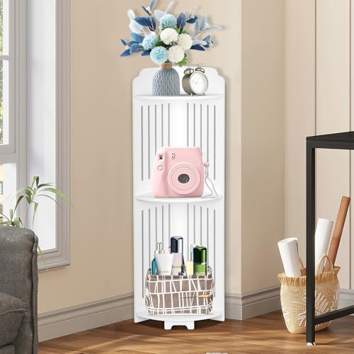 YUET Corner Shelves Free Standing Shelf, Floor Storage Unit, Bathroom Toliet Paper Storage Cupboard for Living Room Balcony or Office, White, 3 Tiers (TSC07)