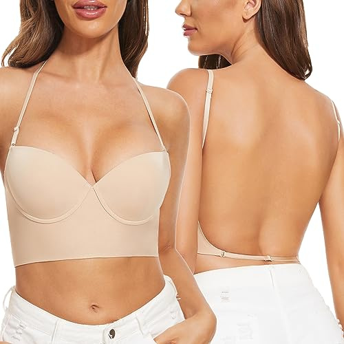 Zetopump Low Back Bras for Women-Seamless Invisible Backless Bra-Lightly Lined Demi No Show Multiway Bra Low Cut Halter Bras (Nude, 34D)