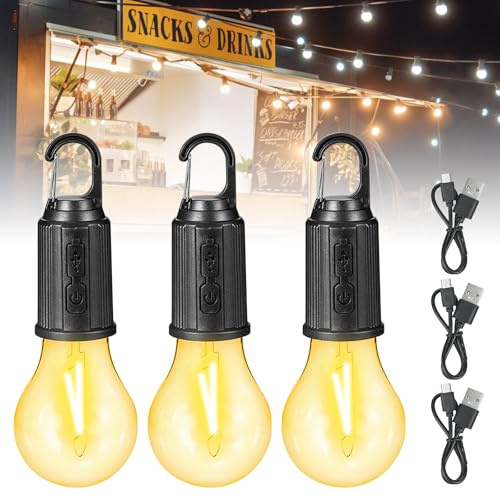 Campinglampe Aufladbar, 3 Stücke Camping Lights, LED Camping Lampe Camping Licht Zeltlampe Glühbirne, Helligkeit einstellbar 3 Lichtmodi, Campinglampe mit Karabiner, für Camping, Stromausfall, Notfall