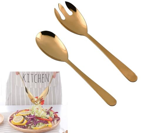 MRDLKNX Kitchen Set of 2 Salad Fork and Spoon, 12 Salad Servers Set, Stainless Steel Serving Utensils, Kitchen Utensils for Mixing,Serving,Draining,Stirring (Gold)