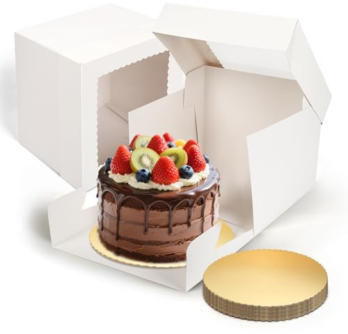Wookiwuki Cake Boxes, 12Pack Set 10x10x8 Inches Cake Box with Cake Boards, Disposable White Bakery Boxes with Window for Cake, Donuts, Pies, Cookies, Wedding, Birthday, Party